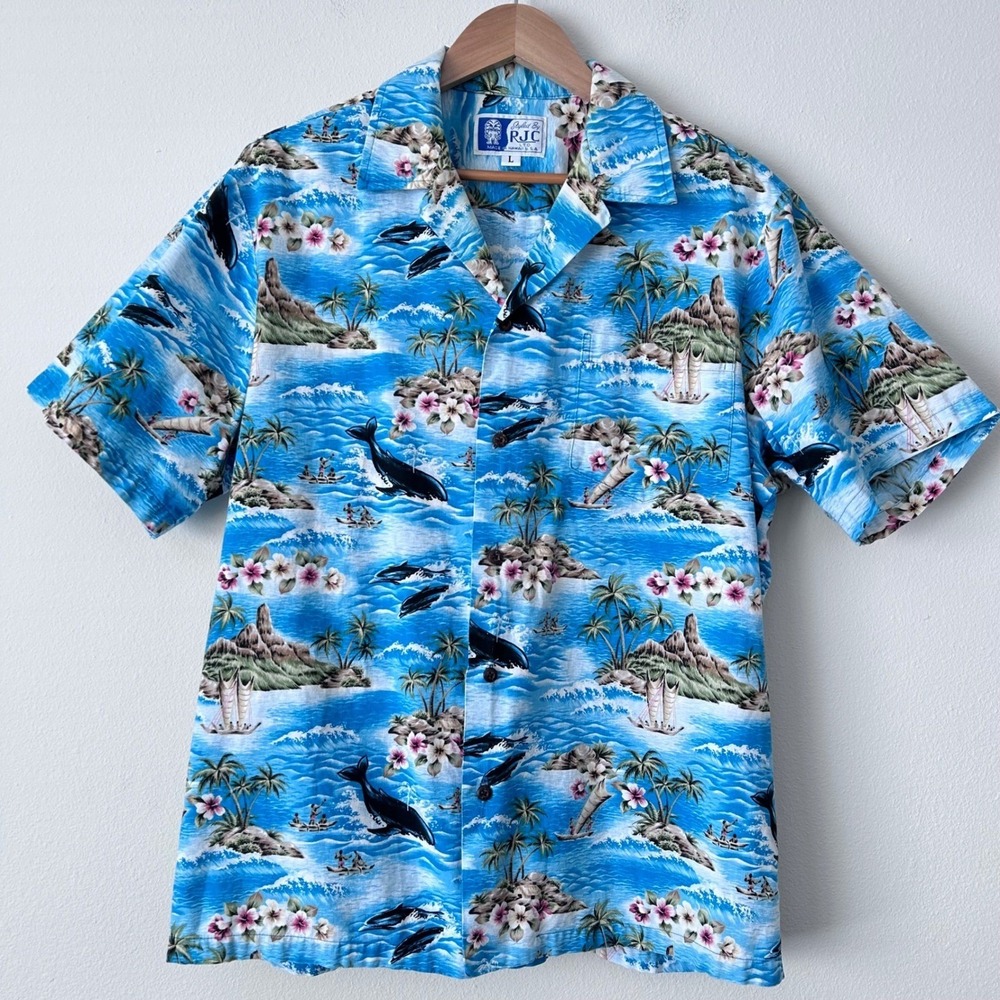 RJC Hawaiian Shirt Mens Large Blue Whale Dolphin Tropical Print Skater Surfer